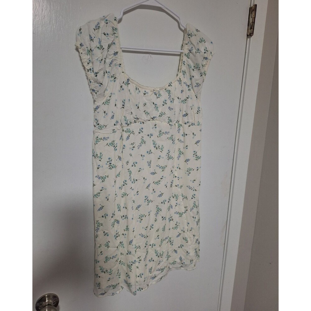 No Boundaries White Blue Green Floral Smocked Square Neck Fit &‎ Flare Dress S